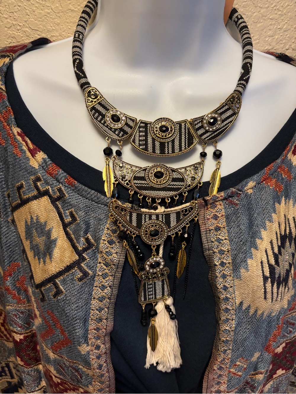 Boho Black & Gold Statement Necklace - Tribal Layered Pendant